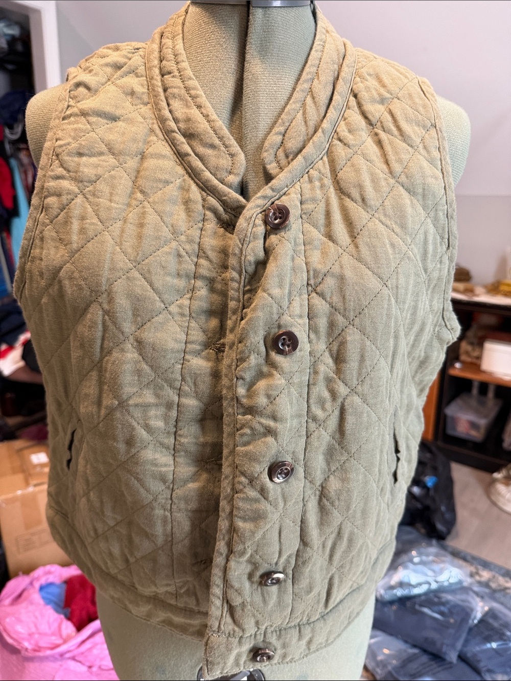 American Eagle Outfitters Quilted Olive Green Button Front Vest